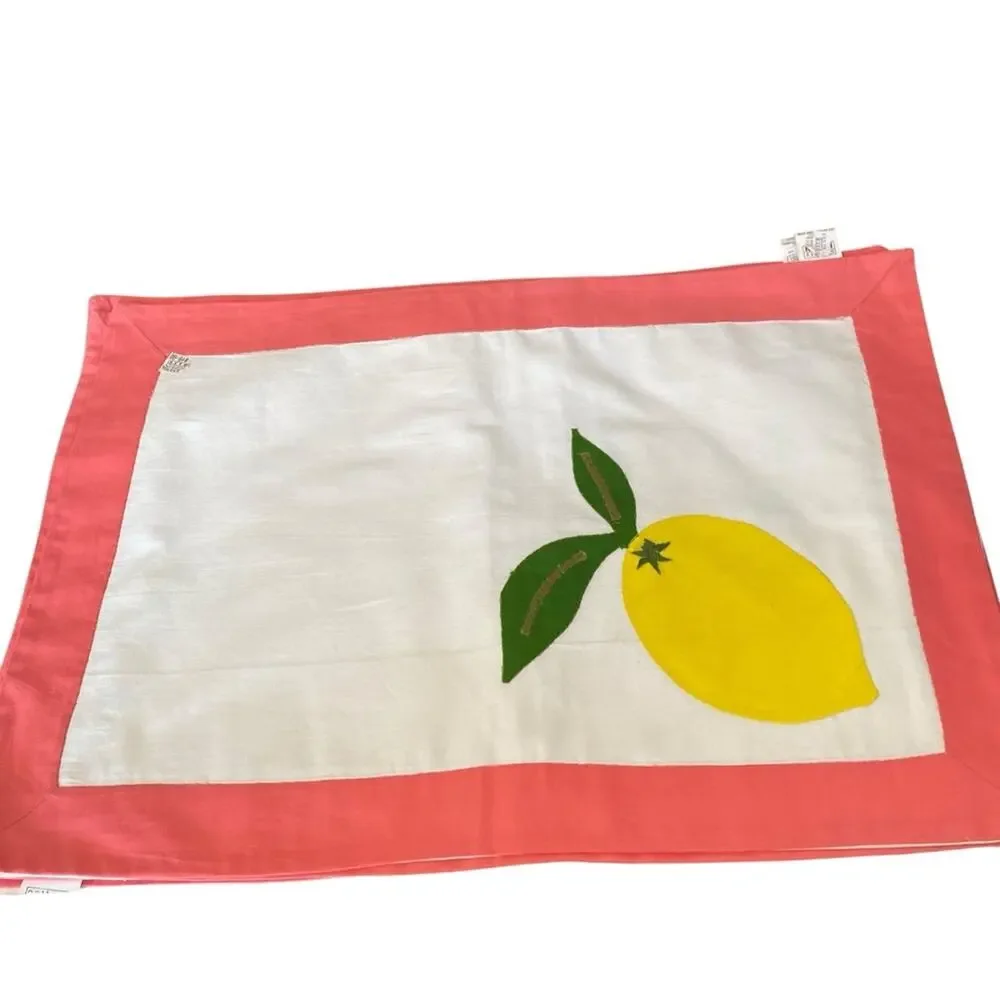 Pottery Barn NWTs Set of 8 Pink and White Placemat with Appliqué Lemon Design